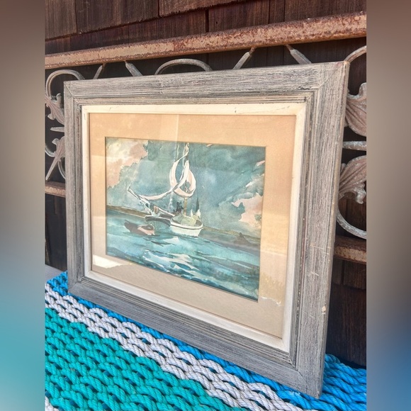 Framed Original Watercolor Painting of a Sailboat in a Gray Frame - Picture 3 of 6